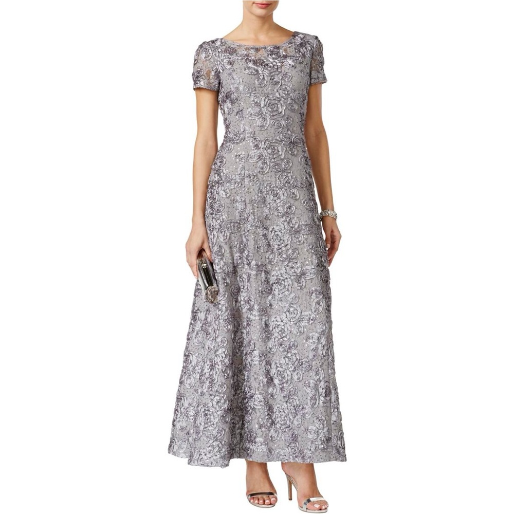 Alex Evenings Silver Floral Lace Maxi Dress with Short Sleeves